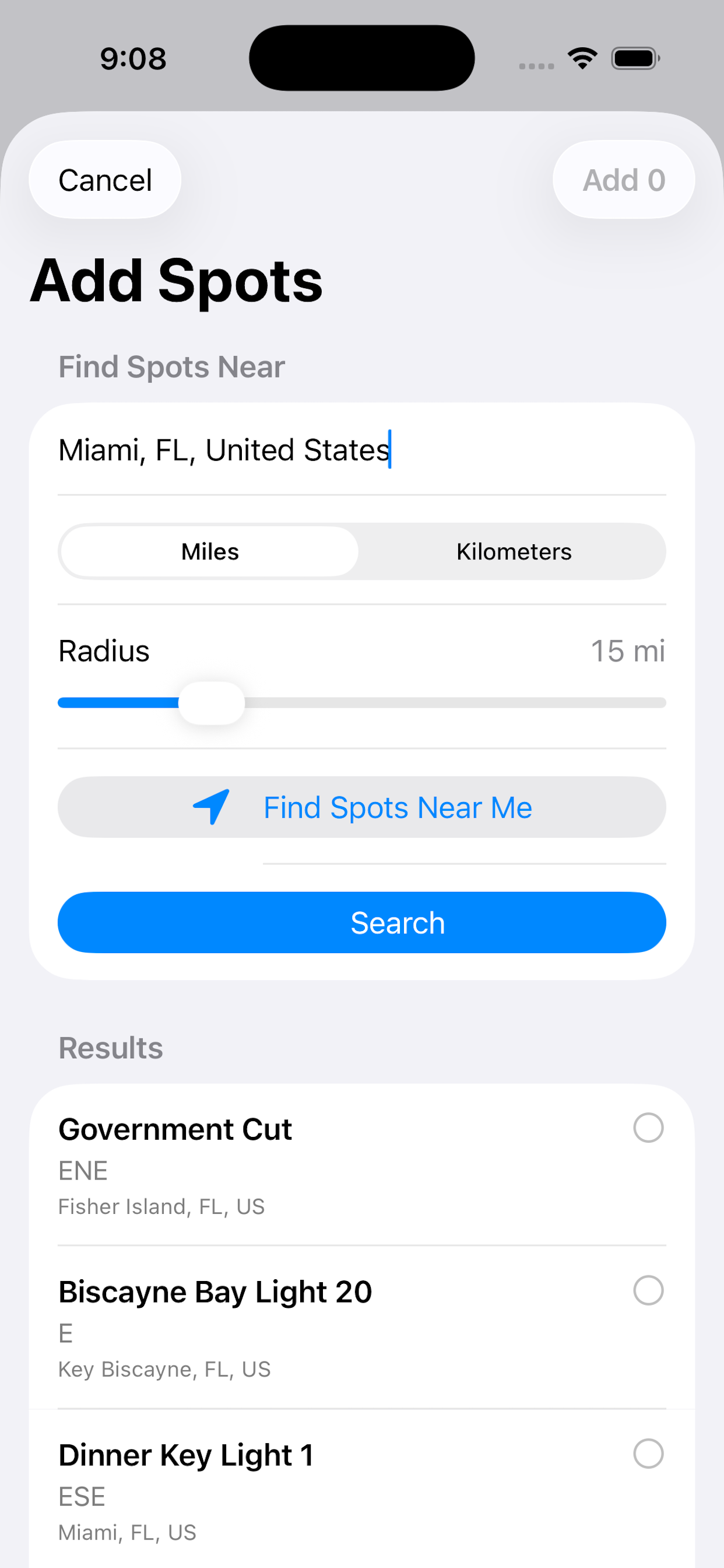iPhone spot search results screen