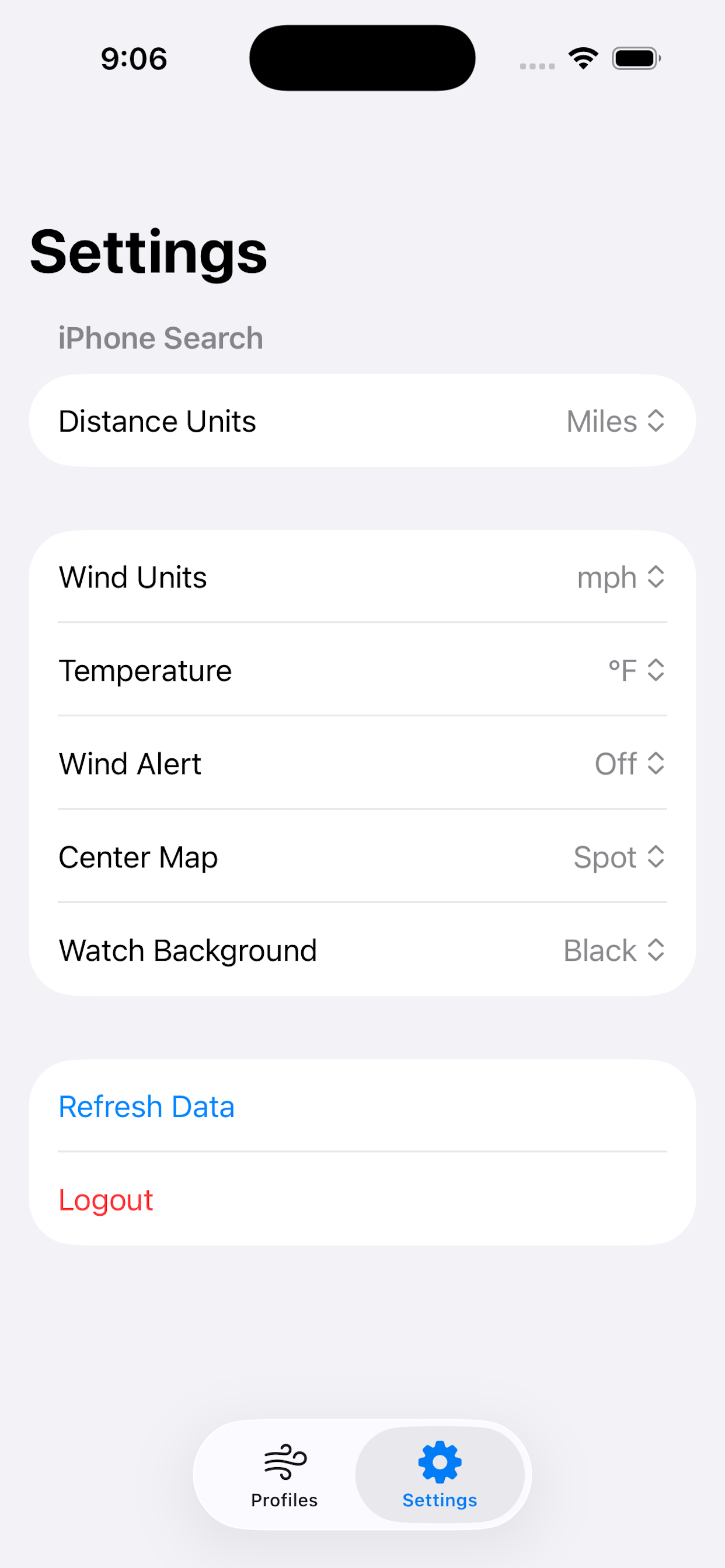 iPhone settings screen
