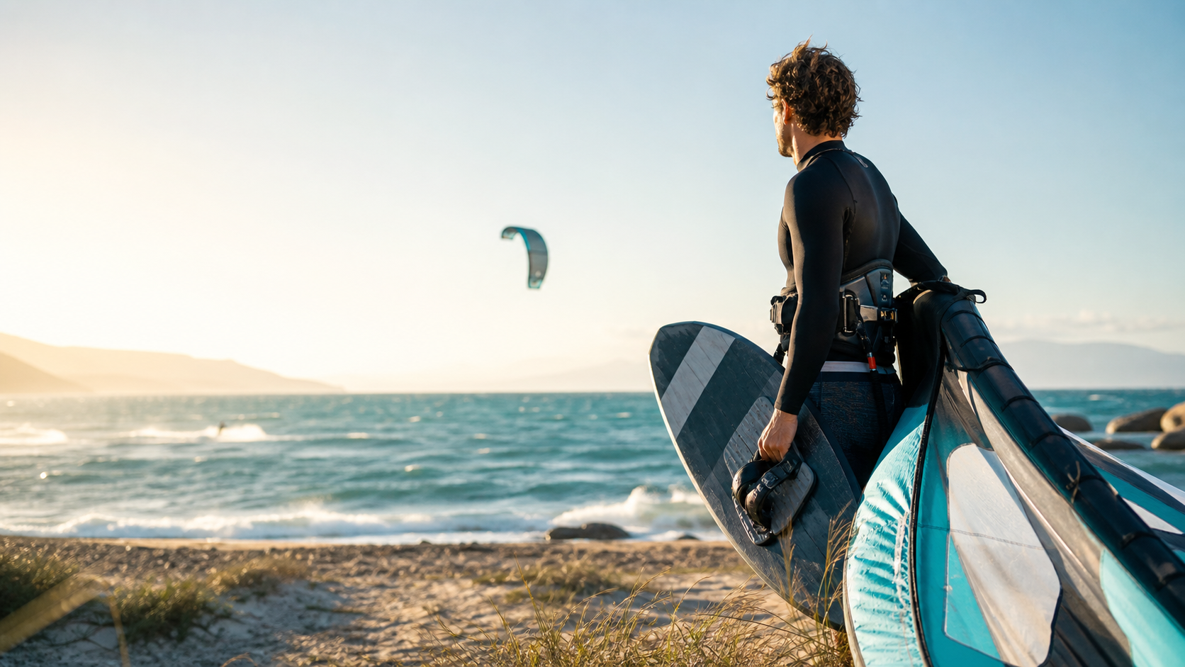 A wind sport rider preparing beside wind-textured coastal water